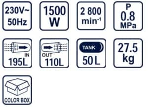 Compresor aer cu ulei RAIDER RD-AC02 2cp 50l debit aer aspirat 195l/min debit aer refulat 110l/min 8bar 27.5kg