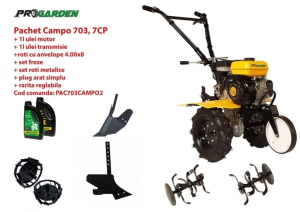 Pachet motocultor Campo 703, benzina, 7CP, 2+1 trepte, 2+1 freze, accesorii PS1, ulei motor si transmisie incluse