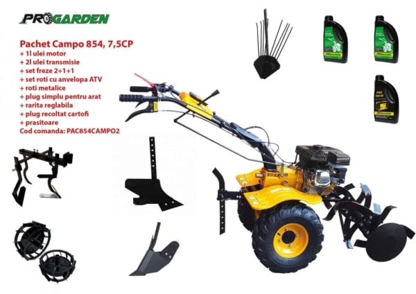 Pachet motocultor Campo 854, benzina, 7.5CP, 2+1 trepte, roti atv, manicot rulment, accesorii PS1, ulei