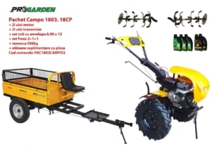 Pachet motocultor Campo 1803, benzina, EURO5, 18CP, 2+1 trepte, remorca 500kg, ulei motor si transmisie incluse