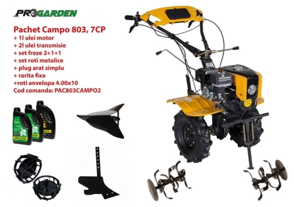 Pachet motocultor Campo 803, benzina, 7CP, 2+1 trepte, 2+1+1 freze, plug bilonat, accesorii PS1, ulei