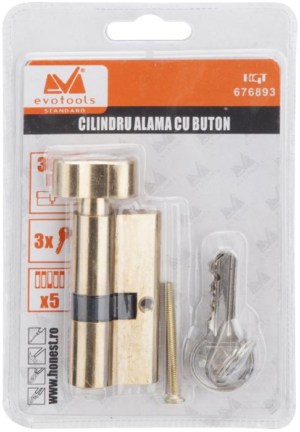 Cilindru Alama cu Buton ETS lungime totala: 65mm, Tip: Descentrat, dimensiuni: 30+35mm, culoare: Alama, numar de chei: 3 | Travandi.ro