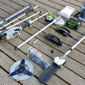 Multifunctionala Ego Power MHSC2002E, cu ansamblu motor, fierastrau, cap cu fir, lama gard viu, lama taiere margini gazon, incarcator rapid, acumulator Li-Ion de 5.0 Ah | Travandi.ro