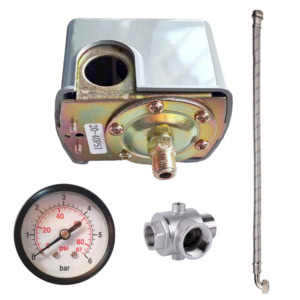 Progarden Set accesorii hidrofor, presostat mecanic ¼”, manometru 0-6bar, racord 5 cai, racord flexibil