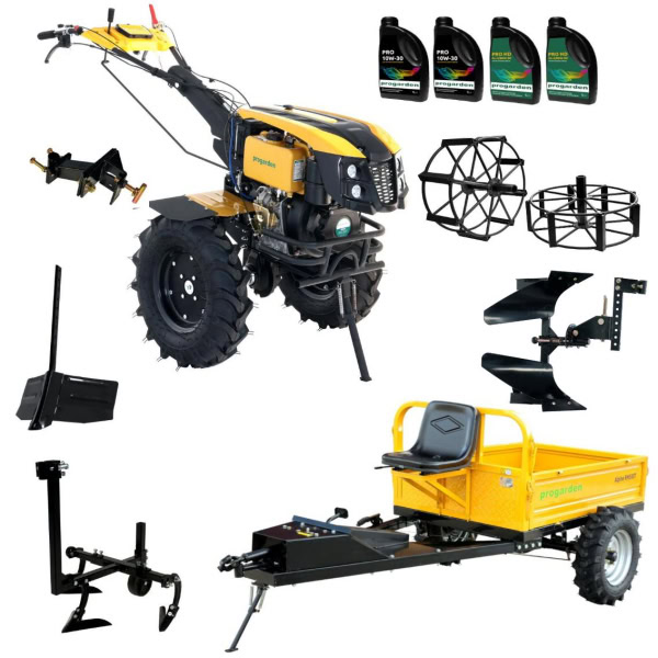 ProGARDEN Pachet Campo 1273 Alpine V2, Motocultor 12CP + PRS20-45 Prasitoare + Remorca RM500T+ Plug bilonat/rarita + Plug reversibil + Adaptor + 2 Roti metalice 540x170 + 4 L ulei