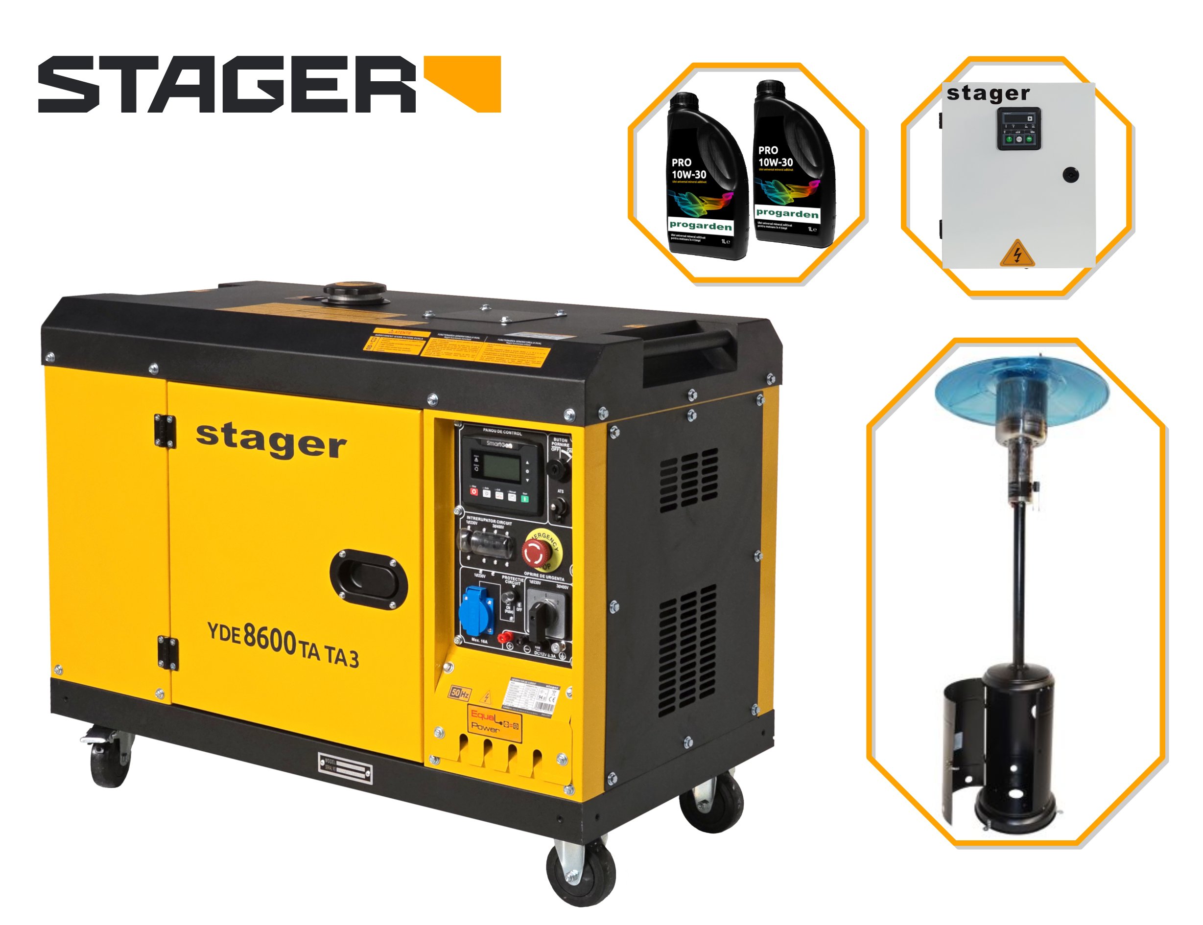 Pachet Stager YDE8600TA-TA3 V2 Generator insonorizat 7.5kVA, DualPower + Automatizare trifazata YA40063F12STA, 63A + Zobo H1207G Incalzitor terasa pe gaz 12.5kW + 2L ulei 1 Pachet Stager YDE8600TA-TA3 V2 Generator insonorizat 7.5kVA, DualPower + Automatizare trifazata YA40063F12STA, 63A + Zobo H1207G Incalzitor terasa pe gaz 12.5kW + 2L ulei
