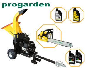 Pachet ProGARDEN TB120EN Tocator resturi vegetale, 15CP, benzina, 120mm + MF3545P Motoferastrau 450mm, 3.4CP + 4L ulei