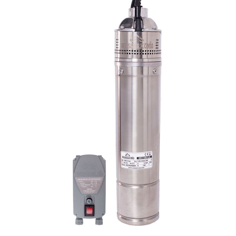 Pompa submersibila periferica Wasserkonig HS1100-5.6, diametru 4", inox, putere 1100 W, debit 2796 l/h, inaltime refulare 56 m 1 Pompa submersibila periferica Wasserkonig HS1100-5.6, diametru 4", inox, putere 1100 W, debit 2796 l/h, inaltime refulare 56 m