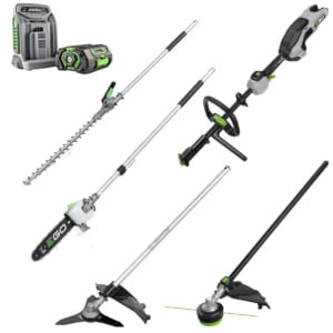 Set multifunctional Ego Power MHBC1204E, cu ansamblu motor, fierastrau, cap cu fir, lama gard viu, accesoriu cutit cu 3 dinti, incarcator rapid, acumulator Li-Ion de 5.0 Ah