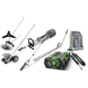 Multifunctionala Ego Power MHSC2002E, cu ansamblu motor, fierastrau, cap cu fir, lama gard viu, lama taiere margini gazon, incarcator rapid, acumulator Li-Ion de 5.0 Ah