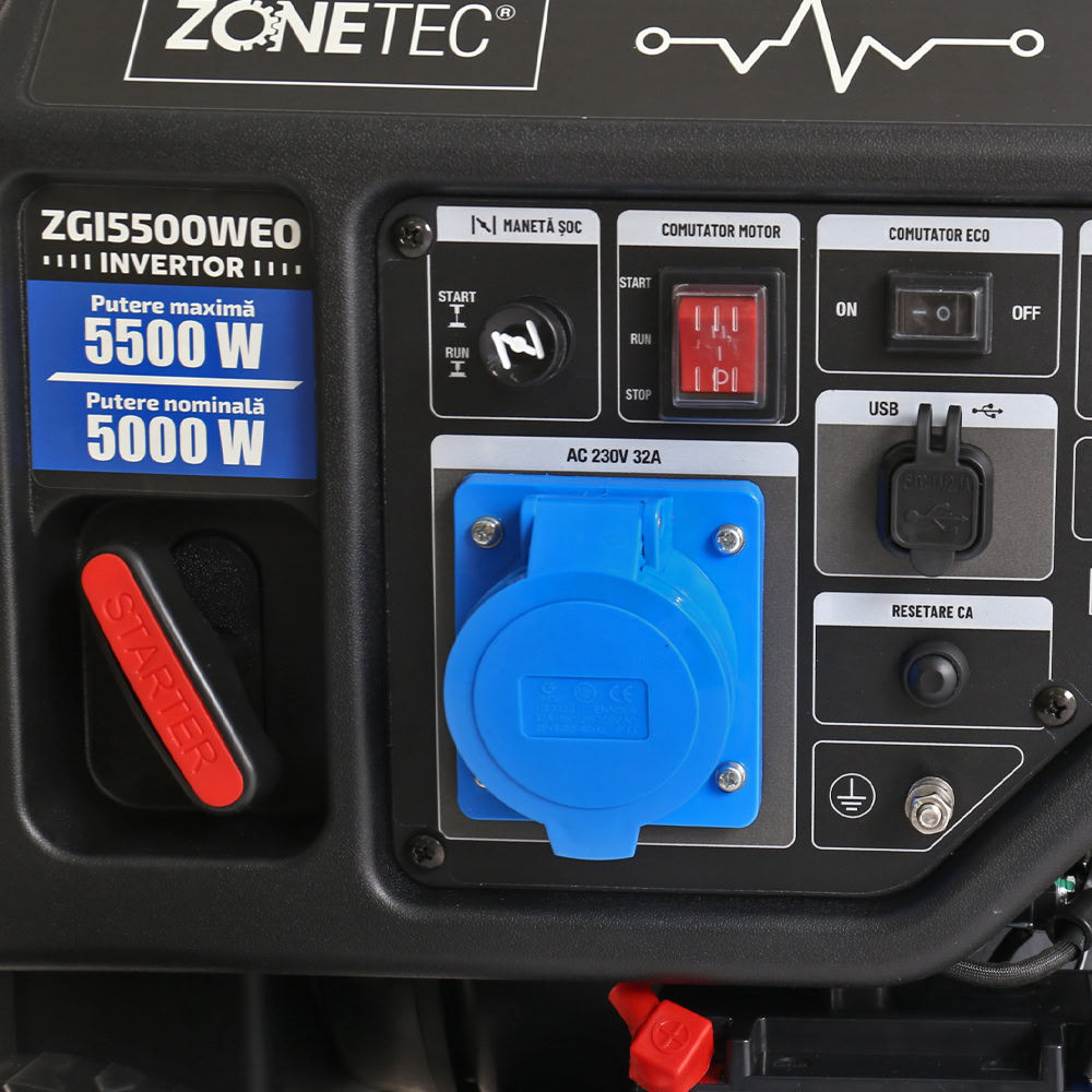 Generator de curent tip inverter Zonetec ZGI5500WEO, monofazat, 5.5 kW, roti pentru transport, pornire electrica 9 Generator de curent tip inverter Zonetec ZGI5500WEO, monofazat, 5.5 kW, roti pentru transport, pornire electrica - Image 9