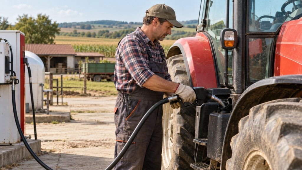 Fermier realimentează tractorul cu motorină